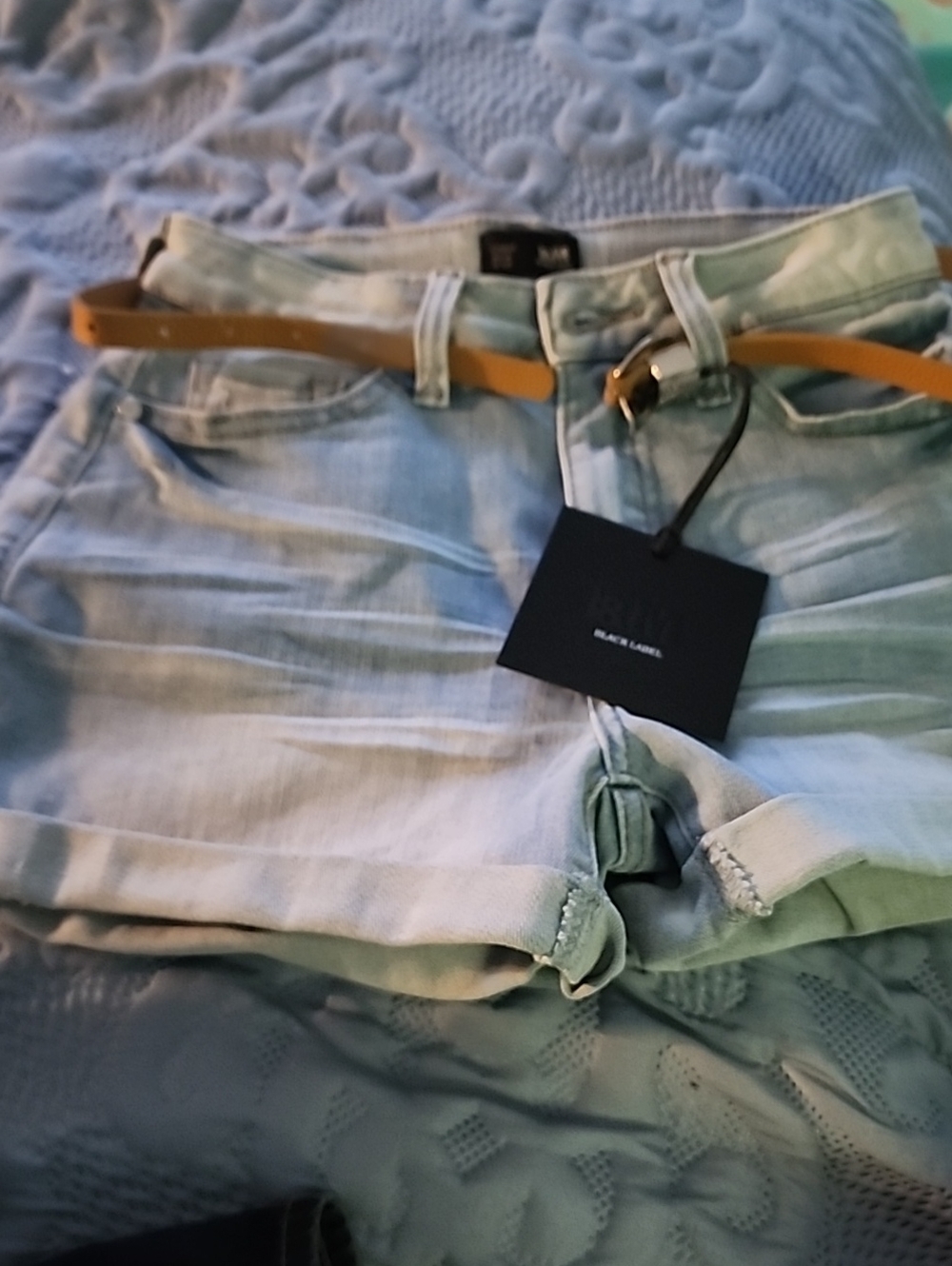 Black Label Light Wash Denim High Rise Shorts with Tan Belt